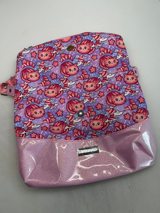 Croissant cat Themed foldover crossbody bag with glitter bottom