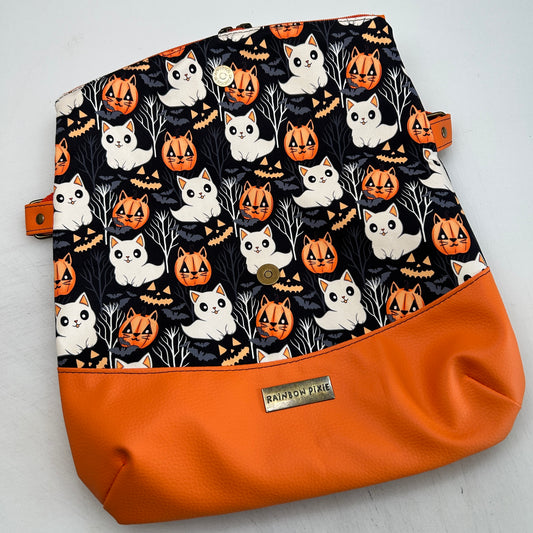 Ghost and Pumpkin cats Themed foldover crossbody bag with orange bottom