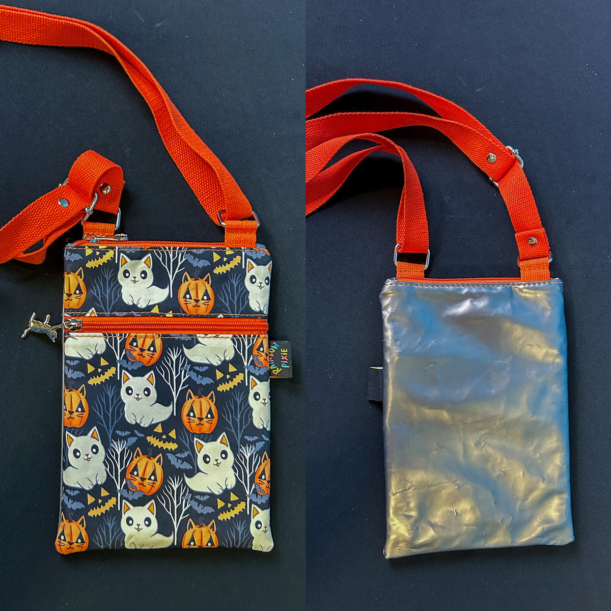 Ghost and Pumpkin Kitties Small Crossbody Bag — Silver Back