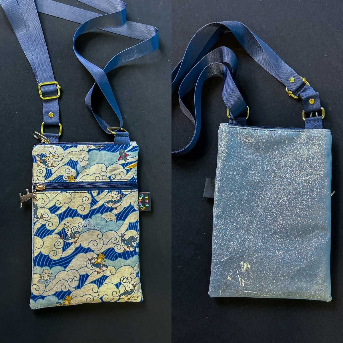 Surfing Kitties Small Crossbody Bag — Grey Glitter Back