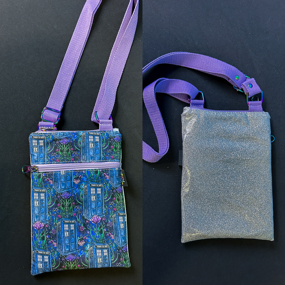 Floral Tardis Small Crossbody Bag — Grey Glitter Back