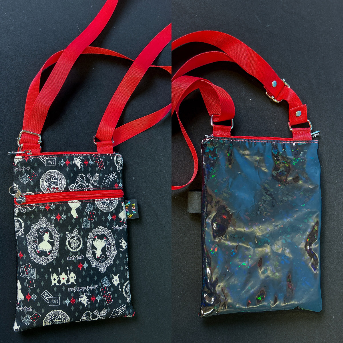 Alice In Wonderland Small Crossbody Bag — Black Holographic Back