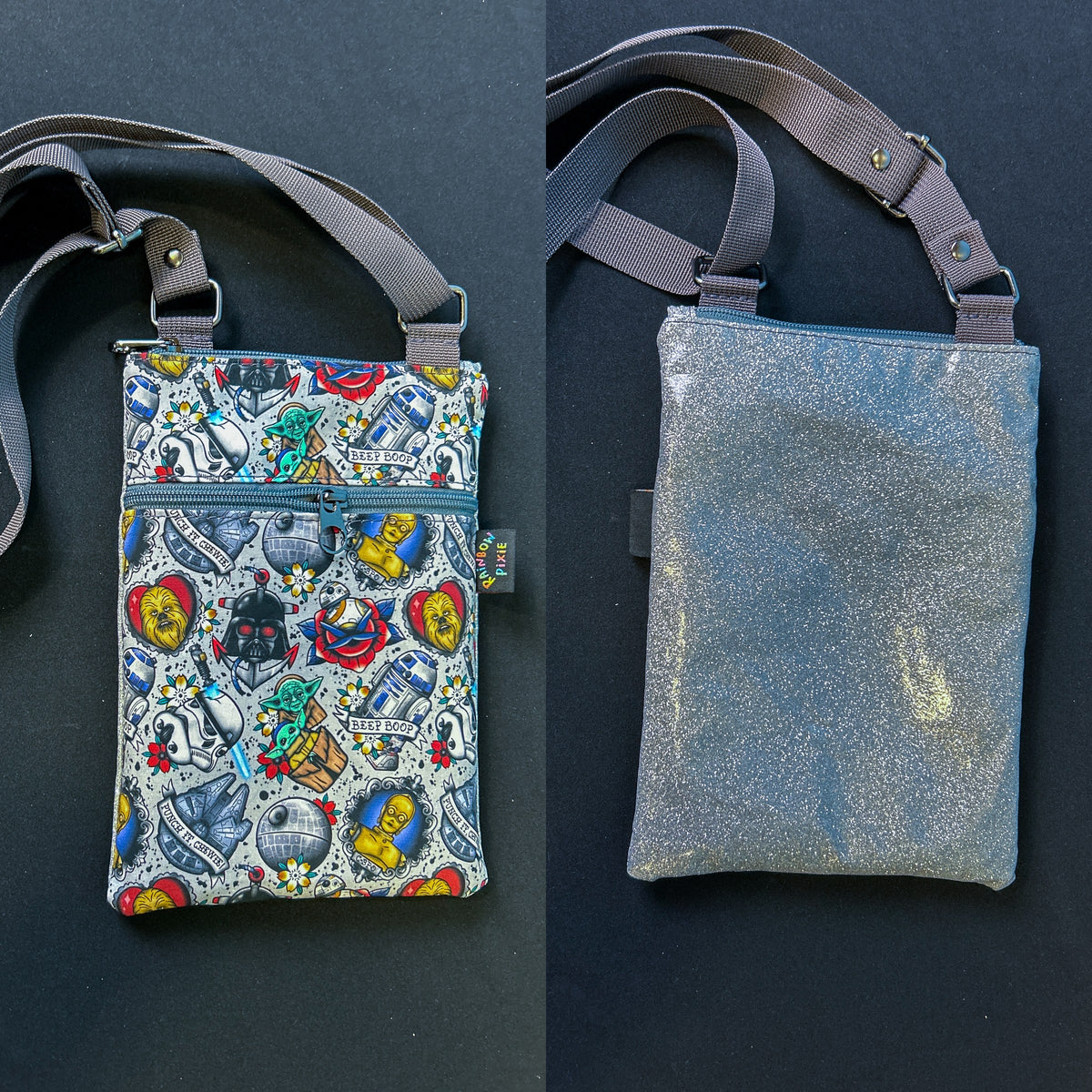 Tattoo Star Wars Small Crossbody Bag — Grey Glitter Back