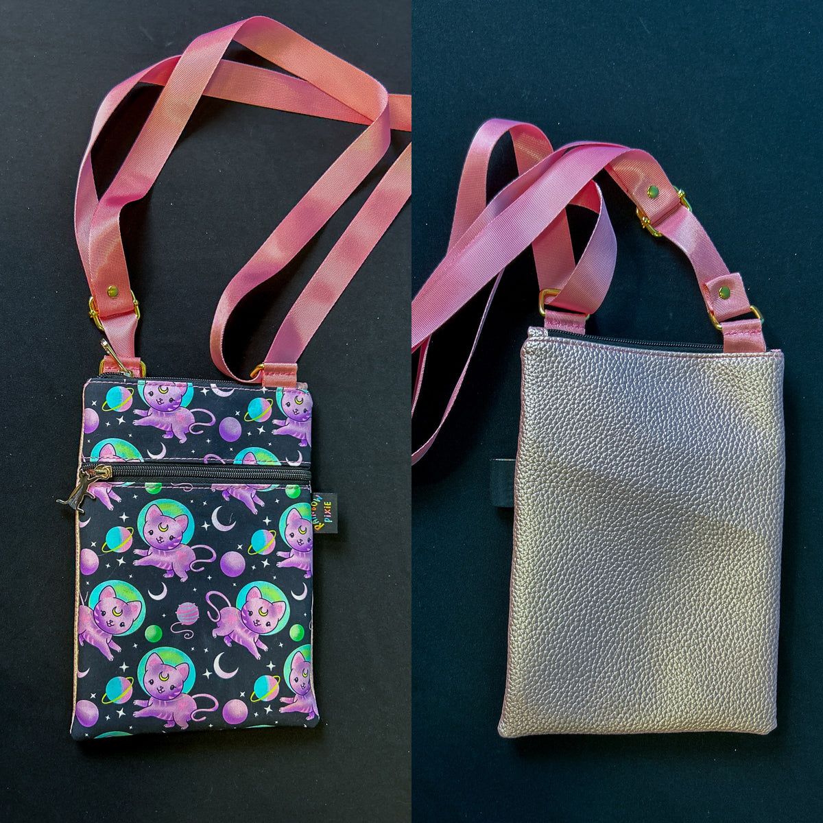Space Cats Small Crossbody Bag — Metallic Pink Back