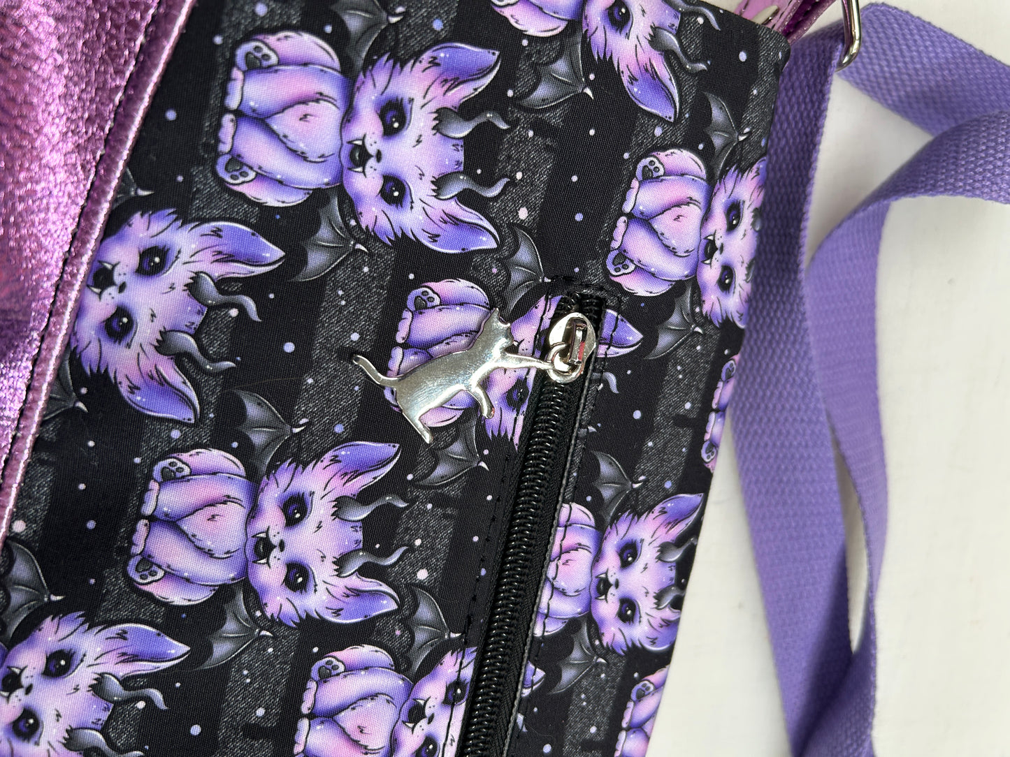 Demon cats Themed foldover crossbody bag with glitter bottom