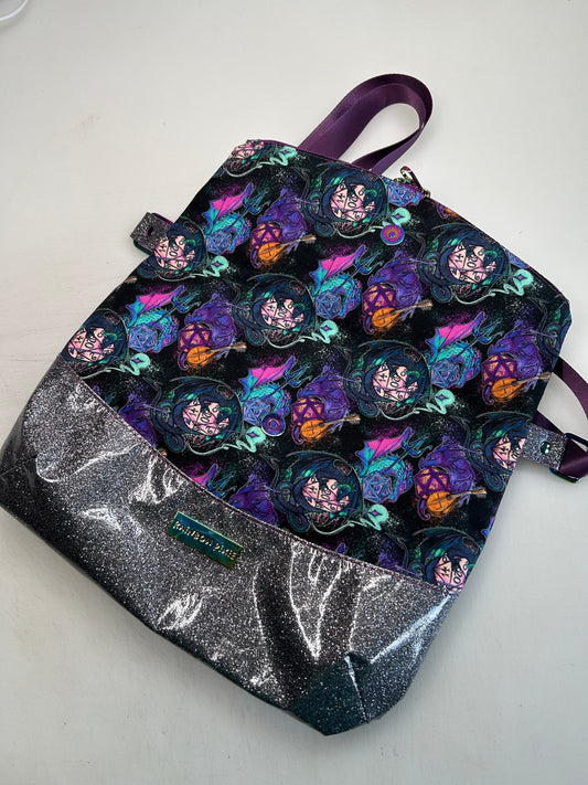 Dragons and Dice Themed foldover crossbody bag with grey glitter bottom