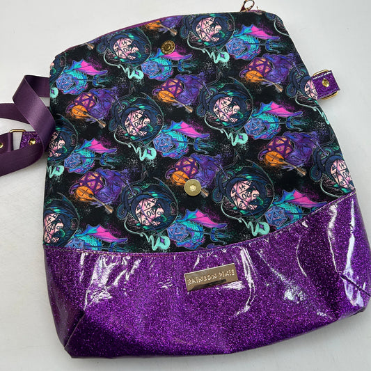 Dragons and Dice Themed foldover crossbody bag with purple glitter bottom