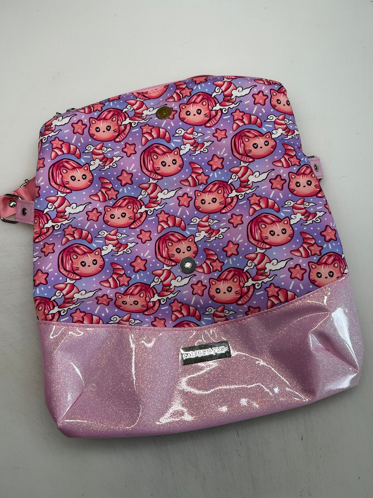 Croissant cat Themed foldover crossbody bag with glitter bottom