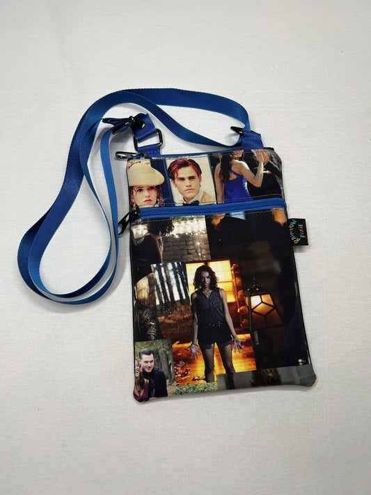 A handbag with a printed collage of various images, including people and scenes, on its front.