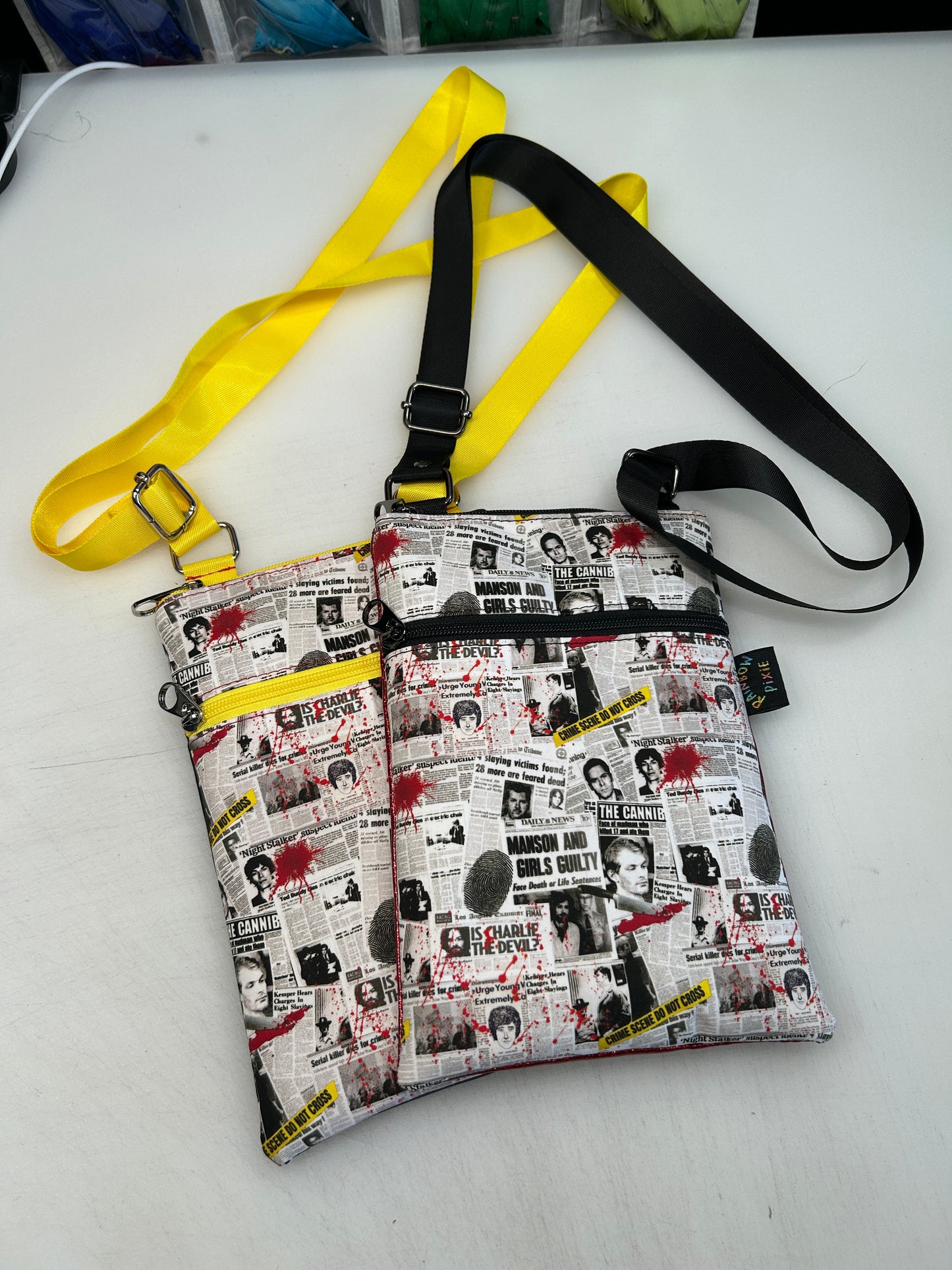 True crime themed small crossbody bag