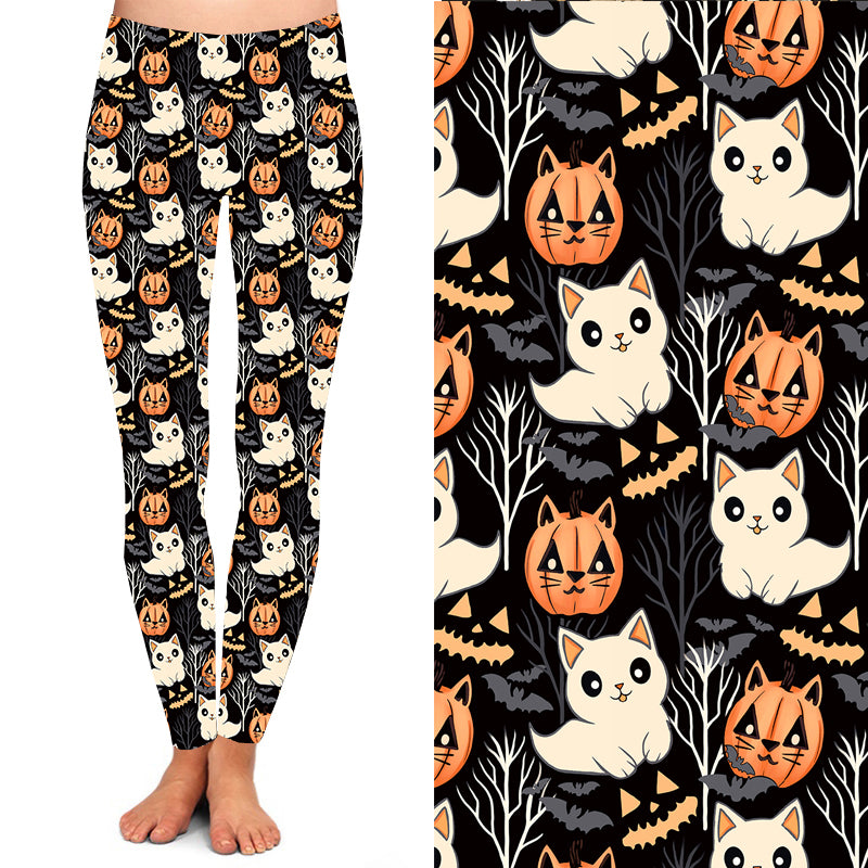 ghost cat and pumpkin themed Leggings with Pockets