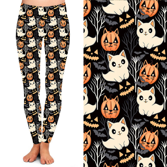 ghost cat and pumpkin themed Leggings with Pockets