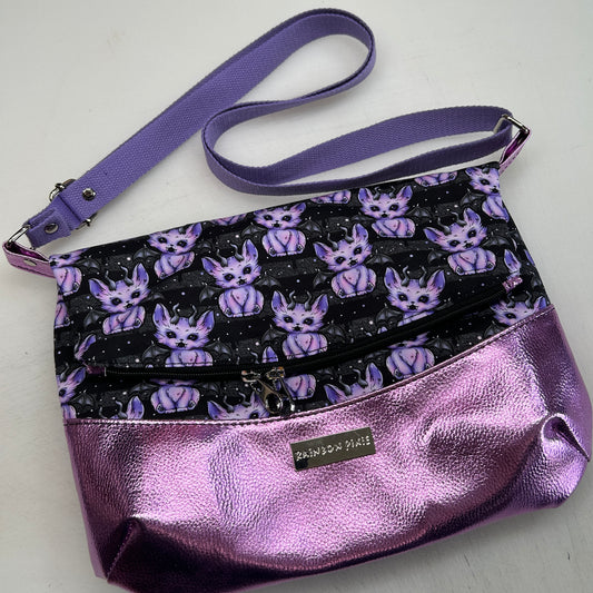 Demon cats Themed foldover crossbody bag with glitter bottom