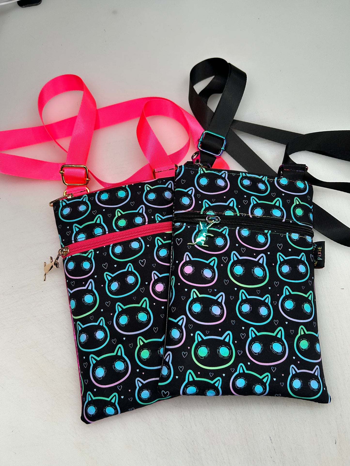 Neon cat themed small crossbody bag