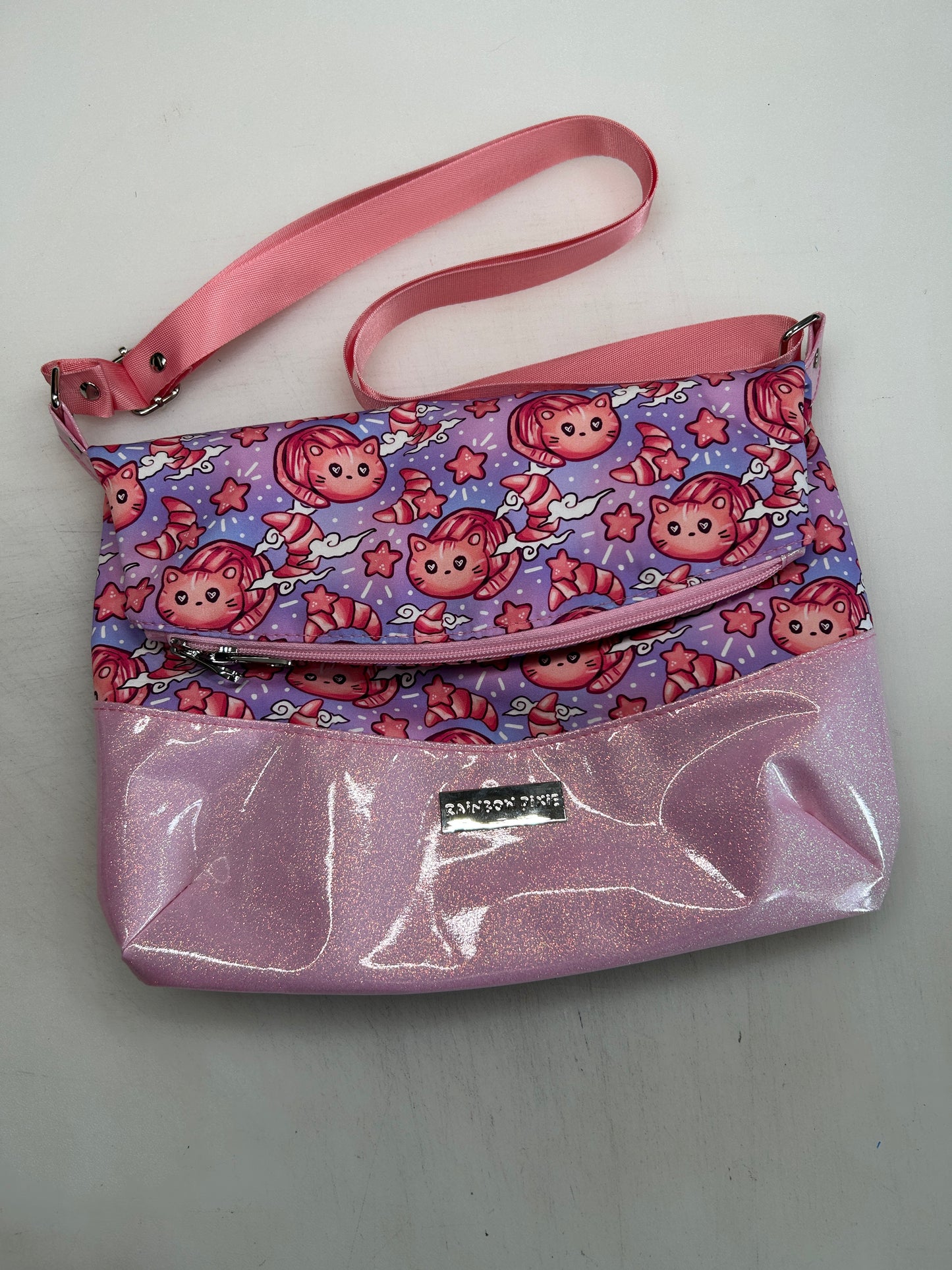 Croissant cat Themed foldover crossbody bag with glitter bottom