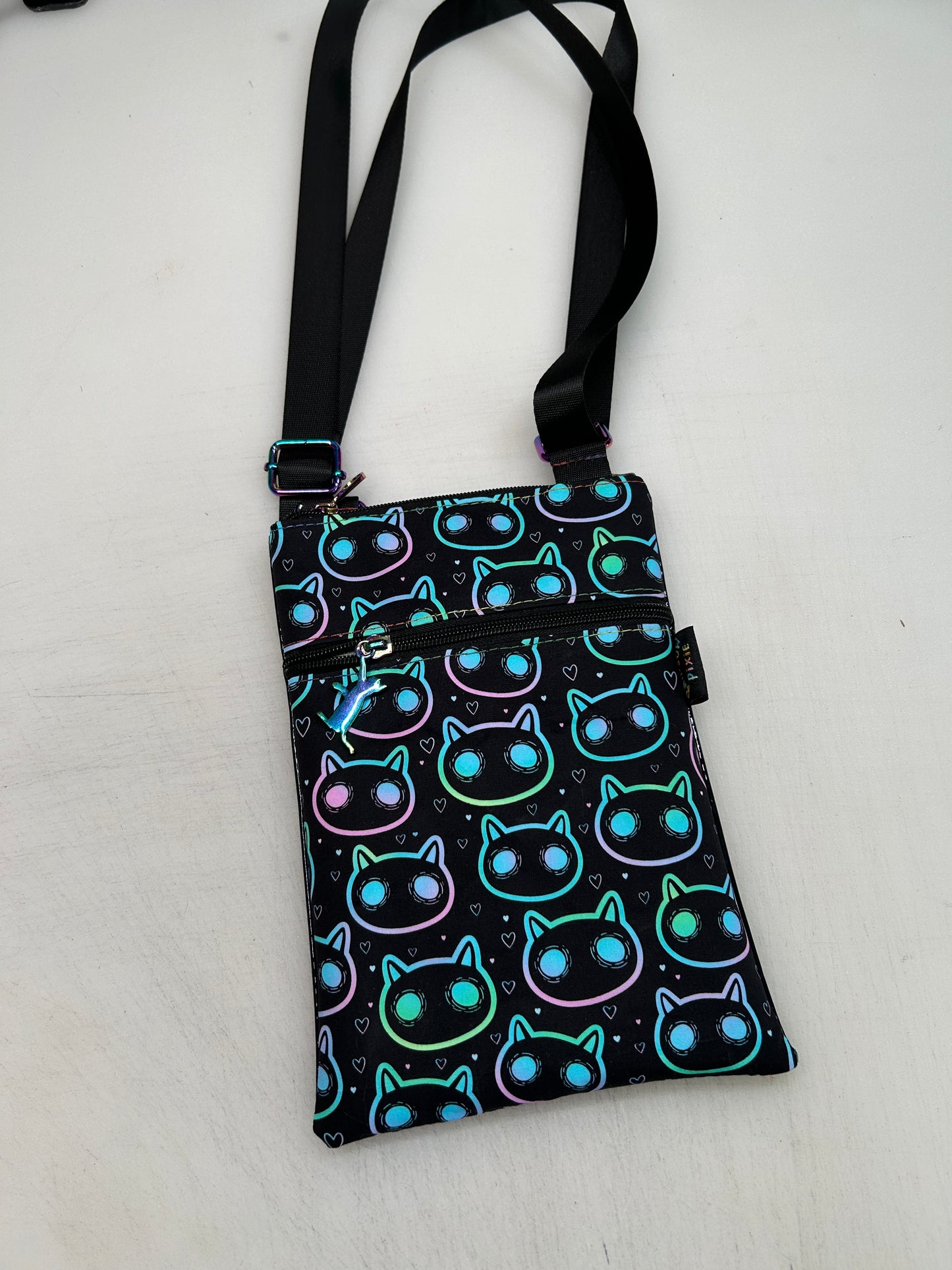 Neon cat themed small crossbody bag