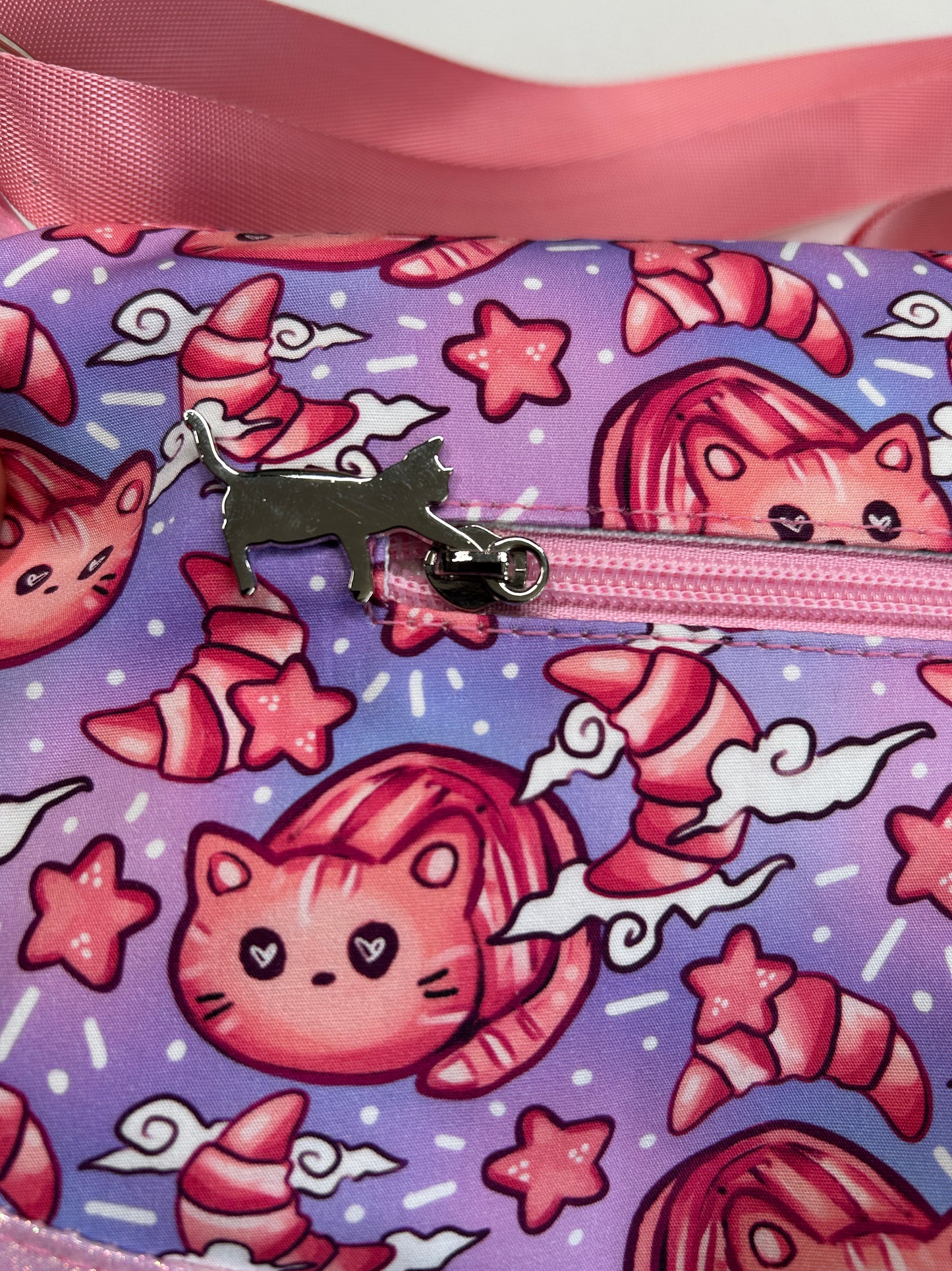 Croissant cat Themed foldover crossbody bag with glitter bottom