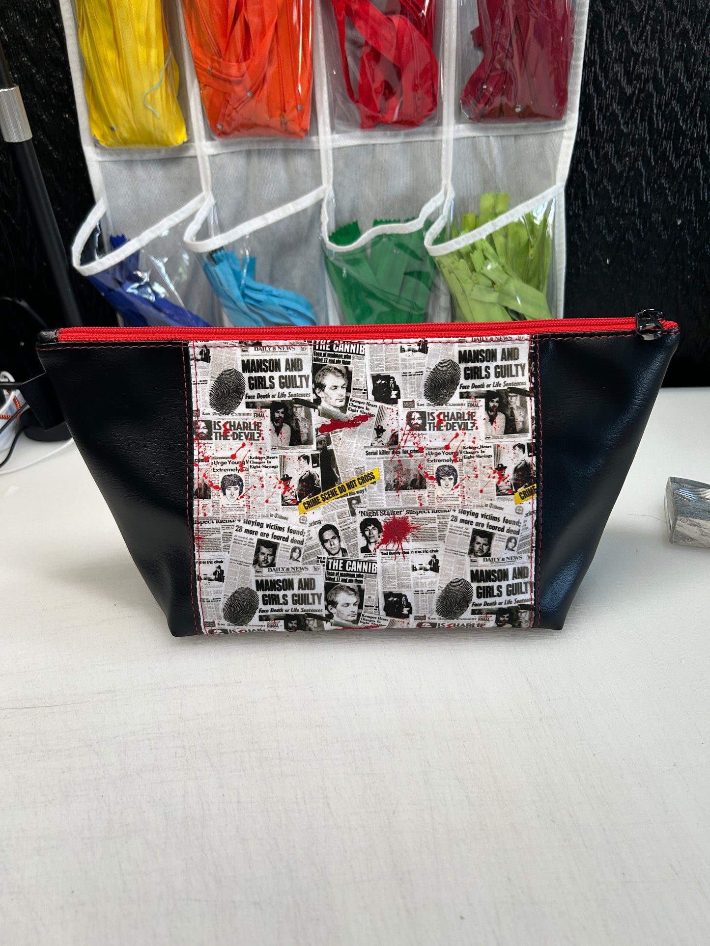 True crime themed Toiletry bag