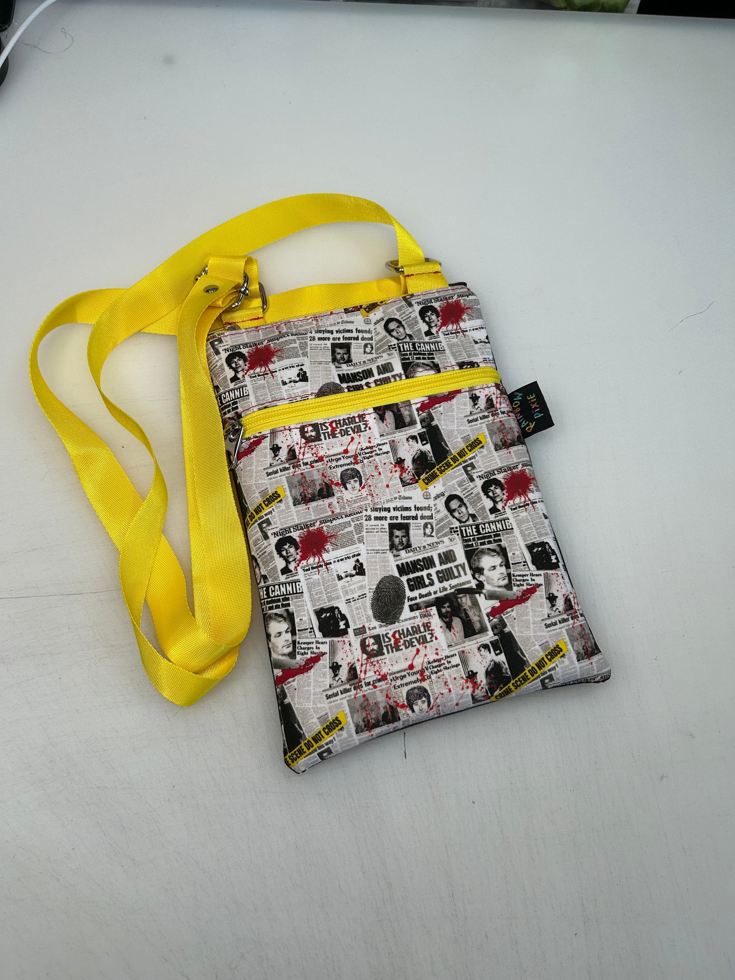 True crime themed small crossbody bag