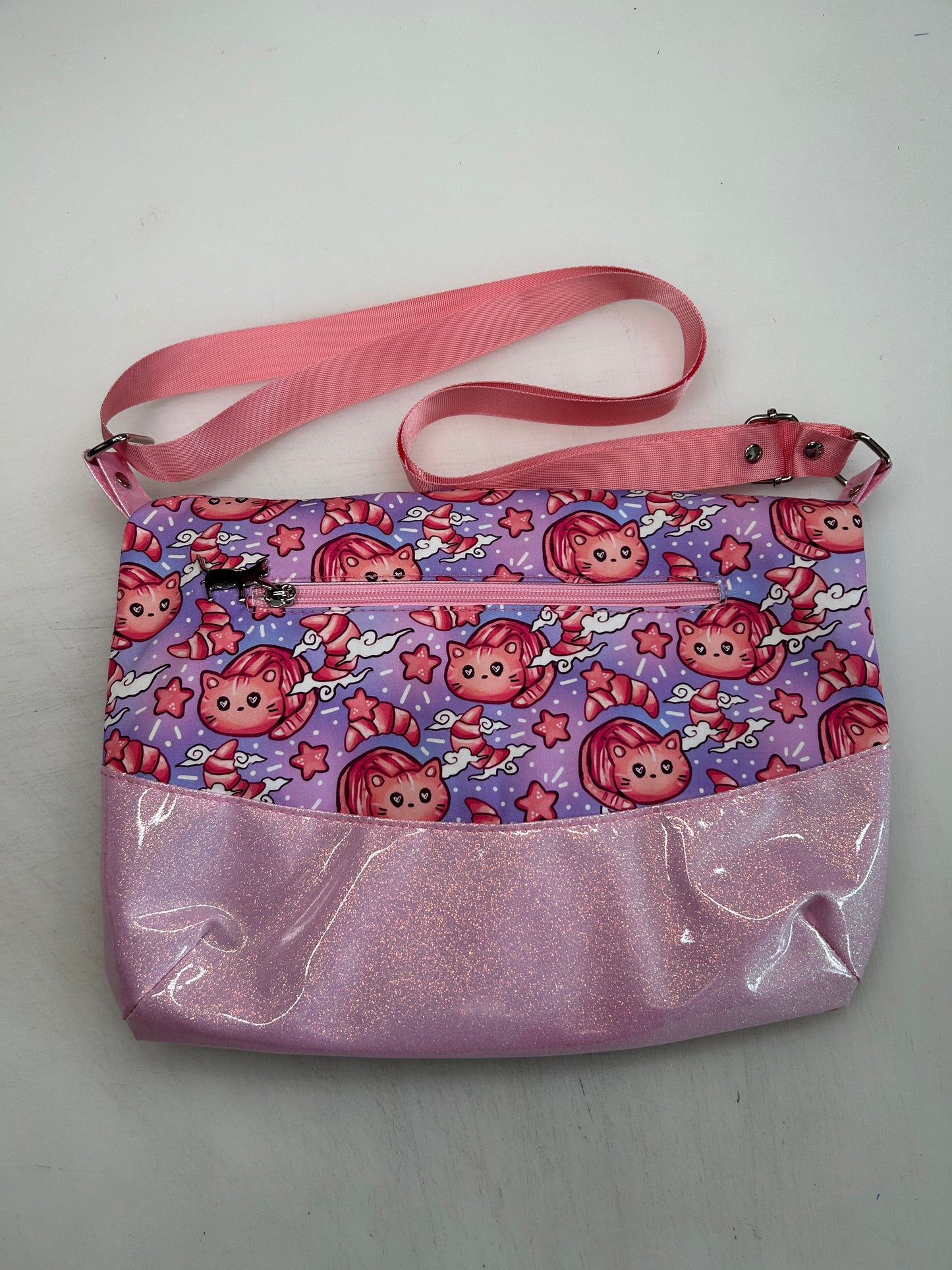 Croissant cat Themed foldover crossbody bag with glitter bottom