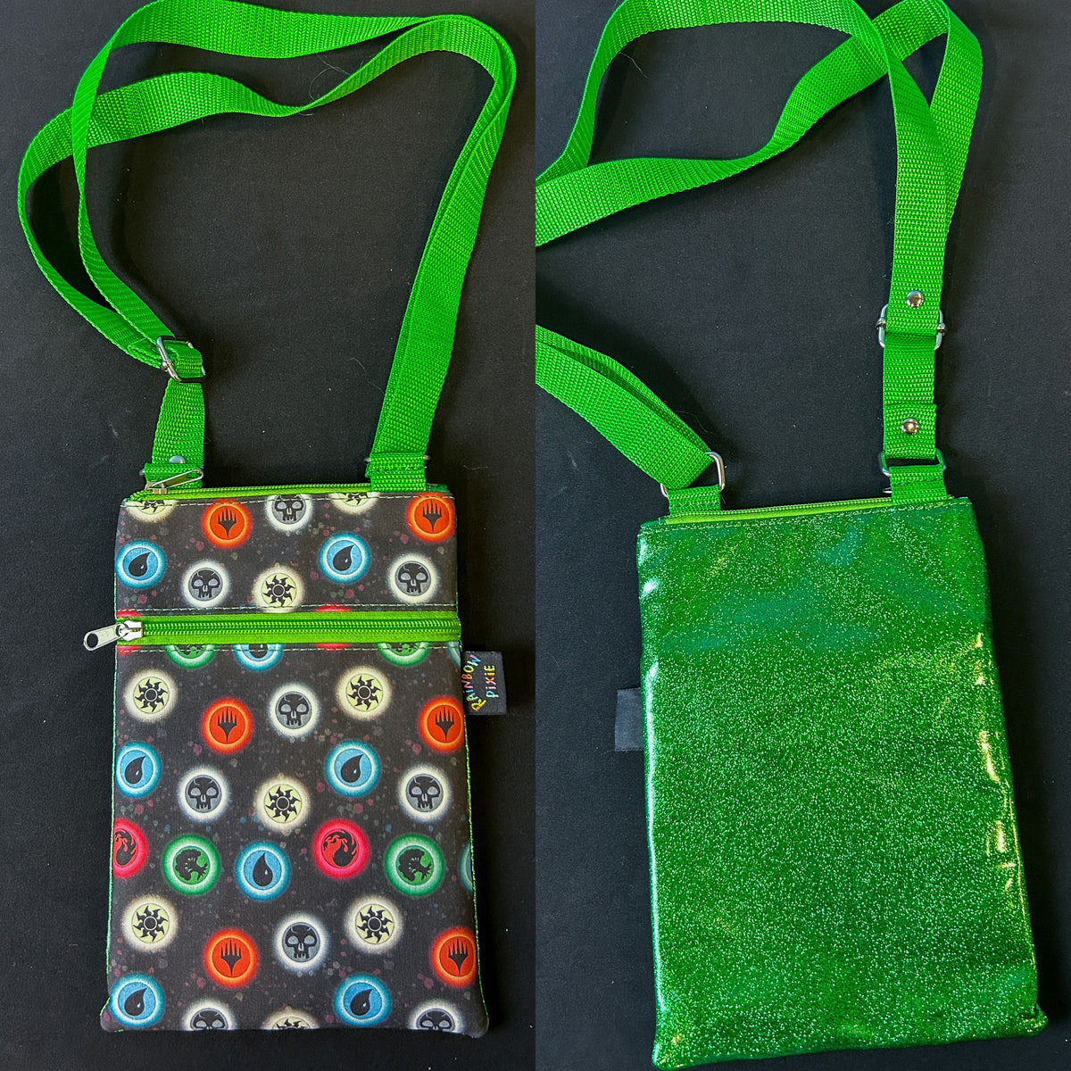 MTG Symbols Small Crossbody Bag — Green Glitter Back