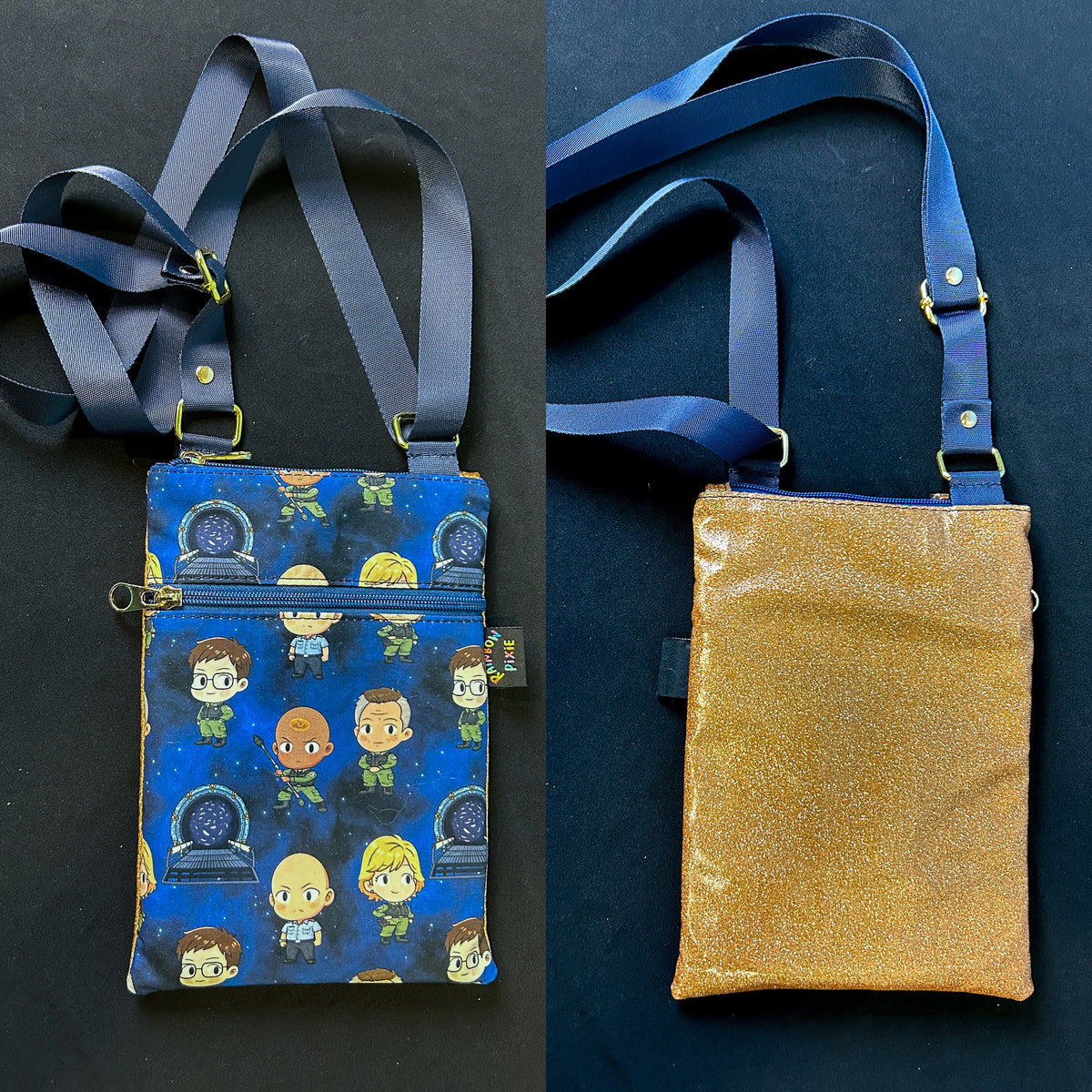 Stargate Chibi Small Crossbody Bag — Gold Glitter Back