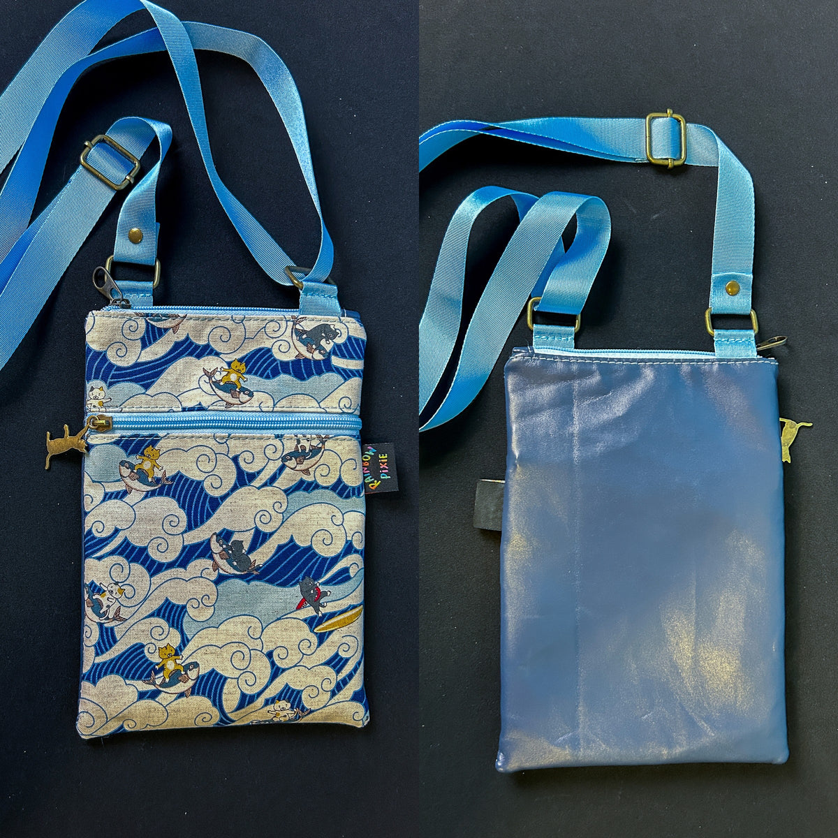 Surfing Kitties Small Crossbody Bag — Navy Back