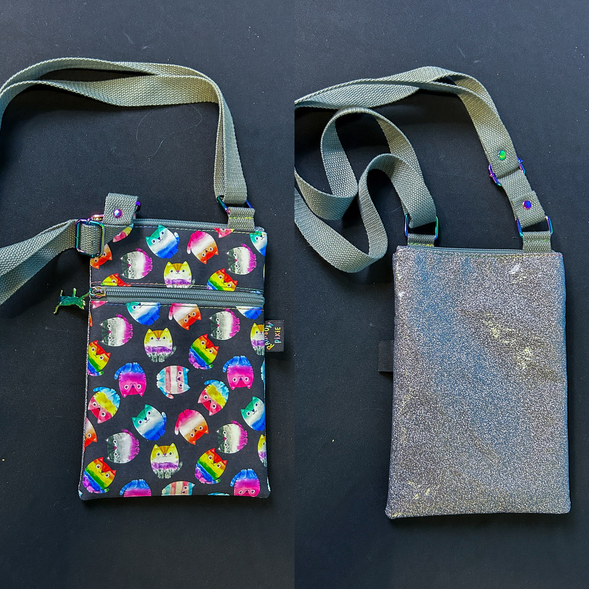 Pride Cats Small Crossbody Bag — Grey Glitter Back