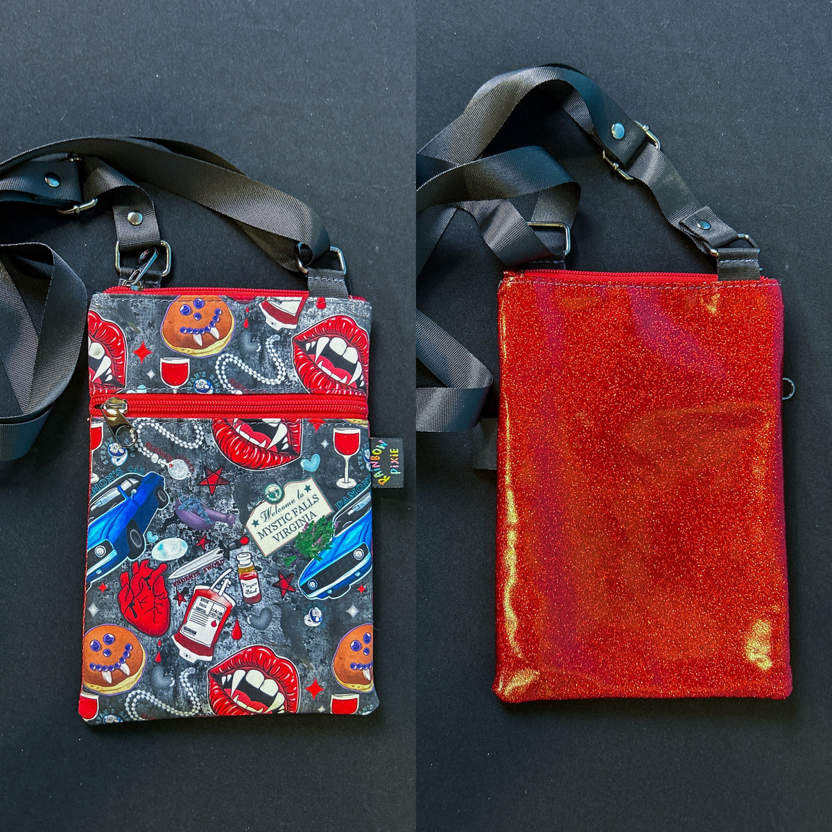 Vampire Diaries Symbols Small Crossbody Bag — Red Glitter Back