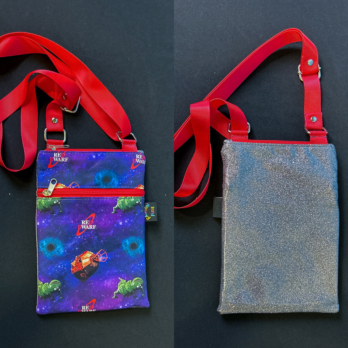 Red Dwarf Small Crossbody Bag — Grey Glitter Back