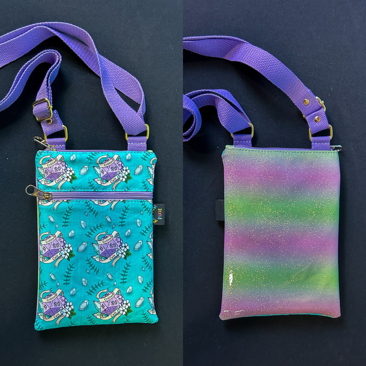 Critically Cute Small Crossbody Bag — Purple and Green Glitter Back