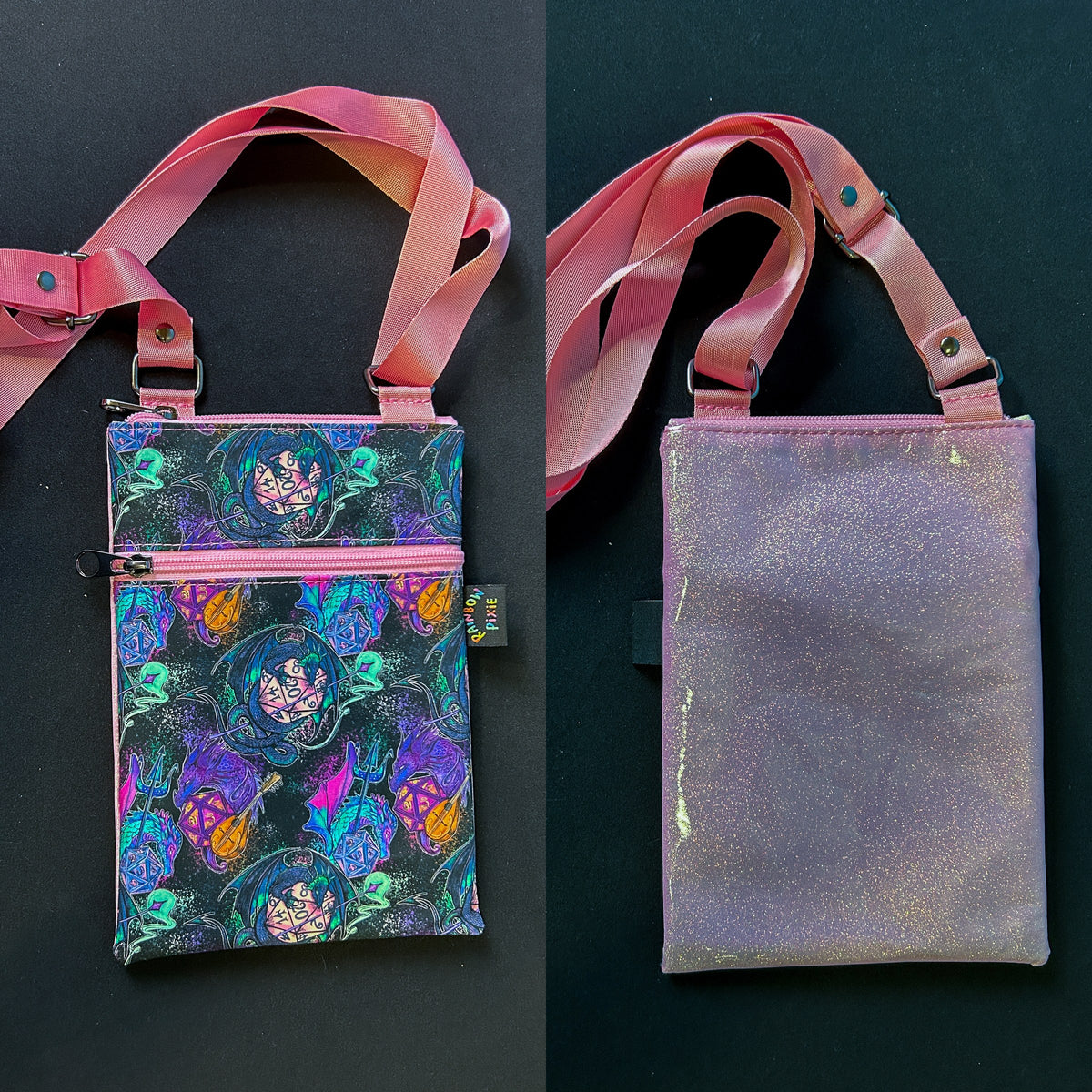 Dragon and Dice Small Crossbody Bag — Pink Glitter Back