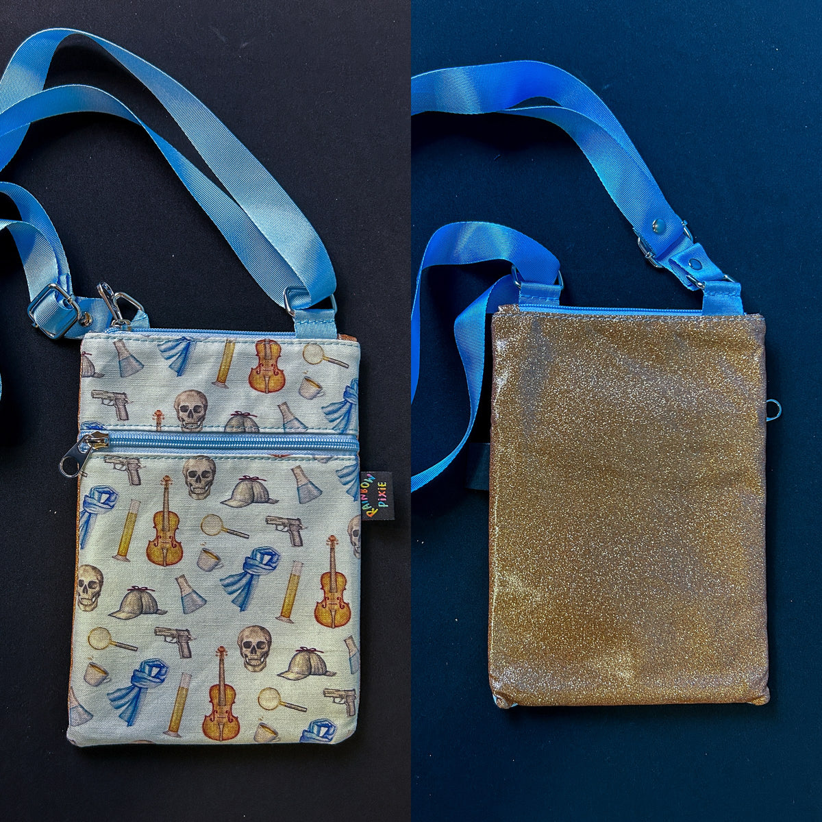 Sherlock Holmes Small Crossbody Bag — Gold Glitter Back