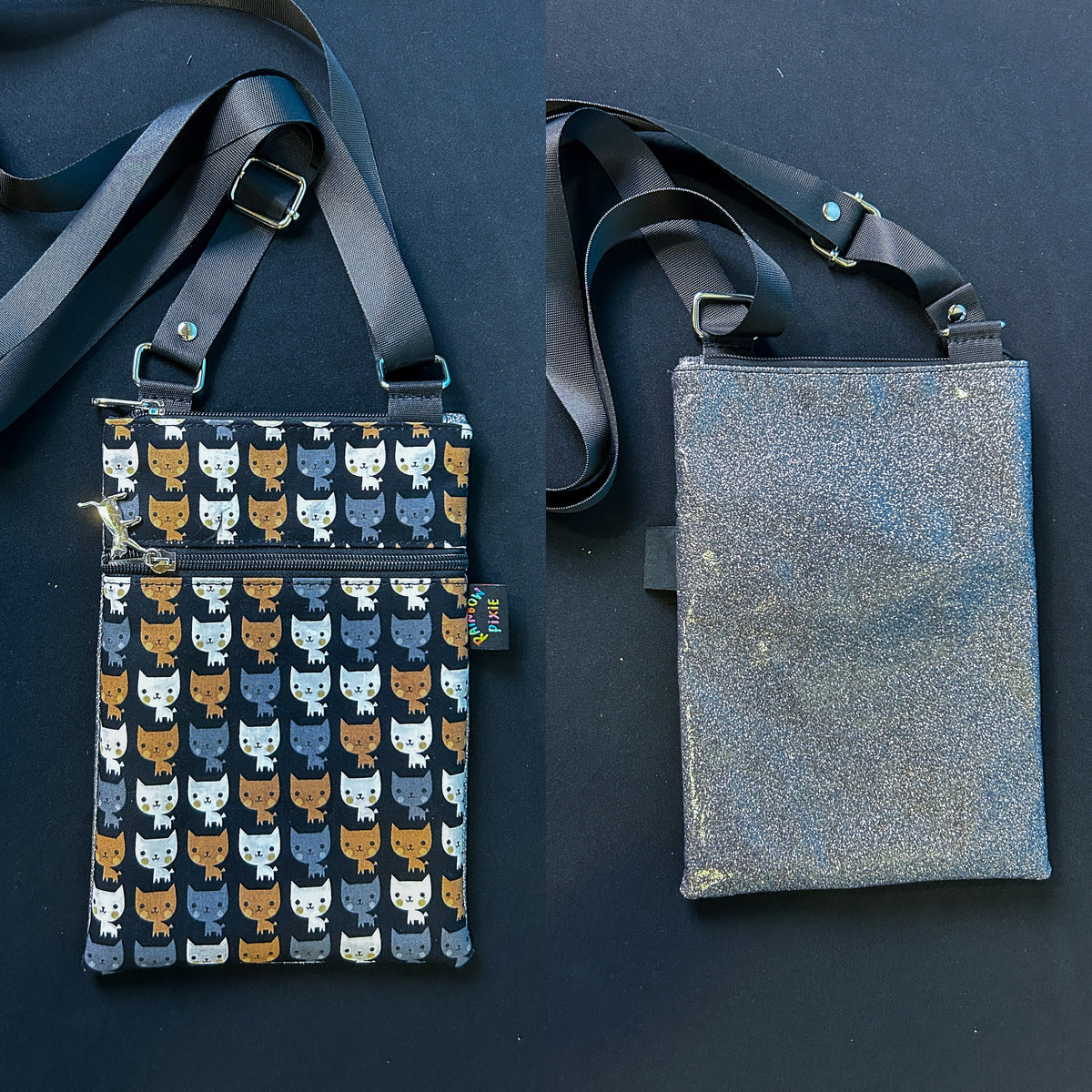Rows of Cats Small Crossbody Bag — Grey Glitter Back