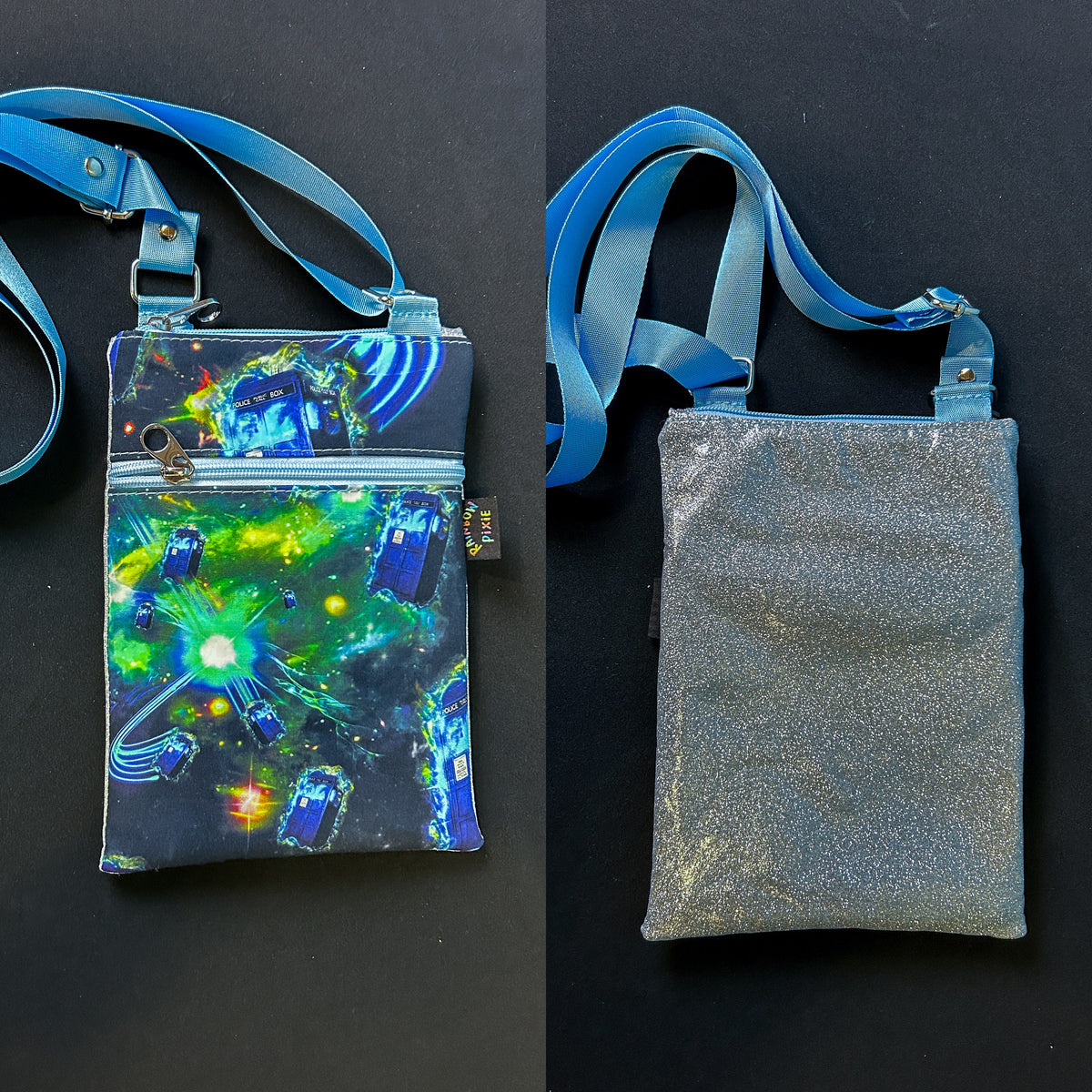 Flying Tardis Small Crossbody Bag — Grey Glitter Back