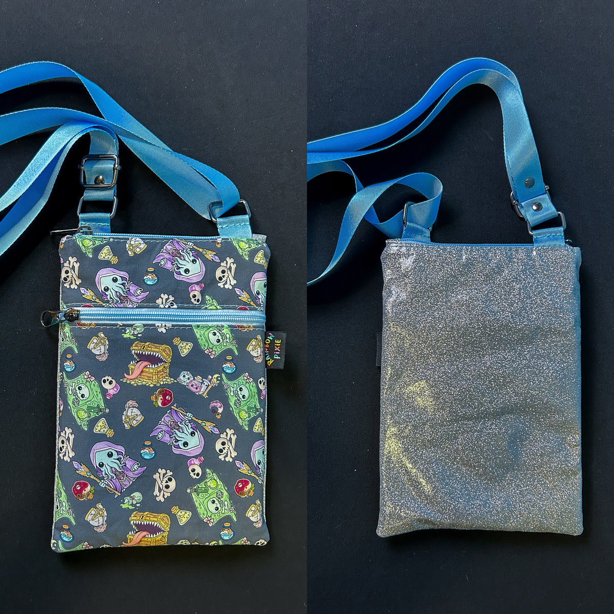 Cute DnD Grey Small Crossbody Bag — Grey Glitter Back