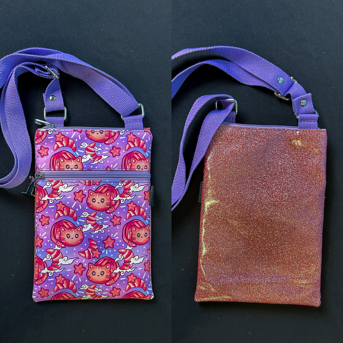 Croissant Cats Small Crossbody Bag — Pink Glitter Back
