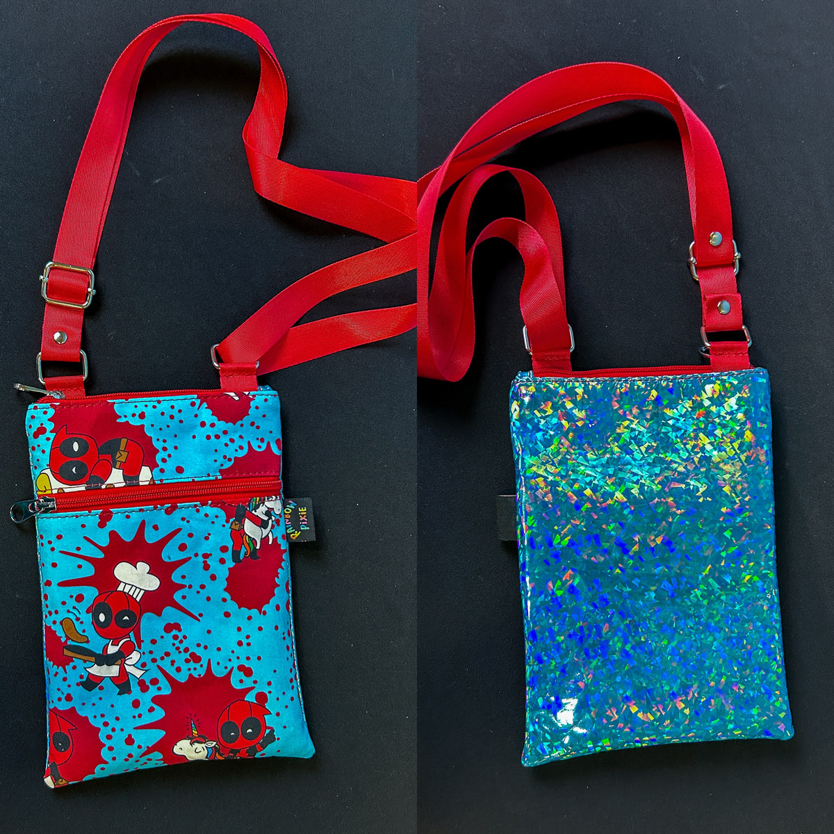 Deadpool Small Crossbody Bag — Blue Holographic Back