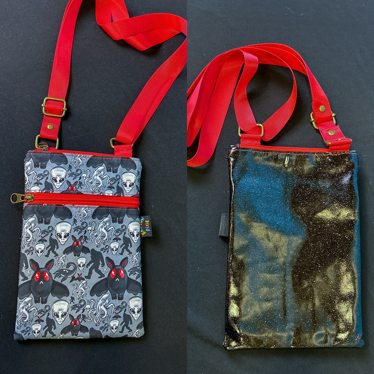 Mothman Cryptids Small Crossbody Bag — Black Glitter Back