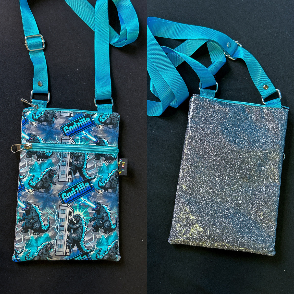 Godzilla Small Crossbody Bag — Grey Glitter Back
