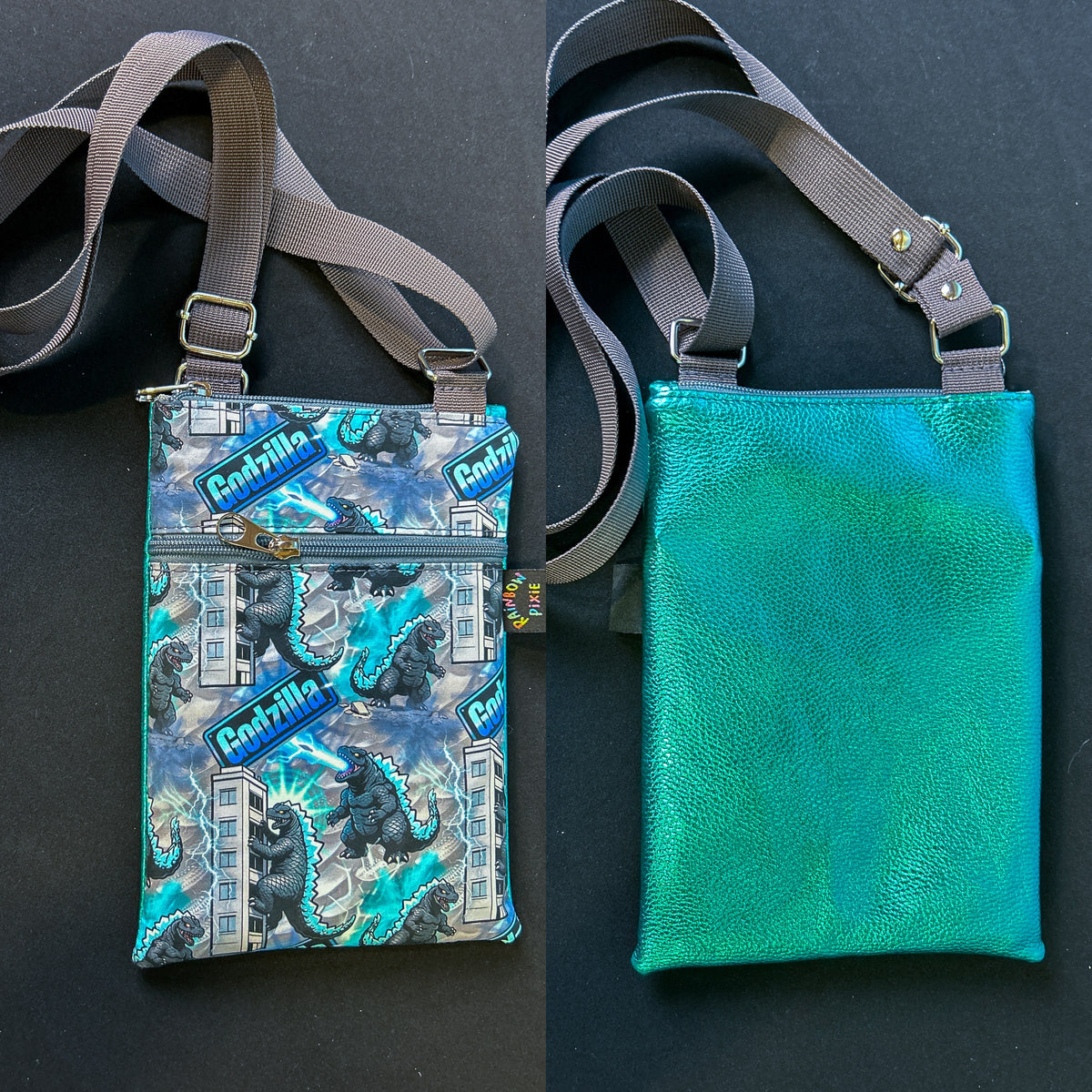 Godzilla Small Crossbody Bag — Blue Glitter Back – A