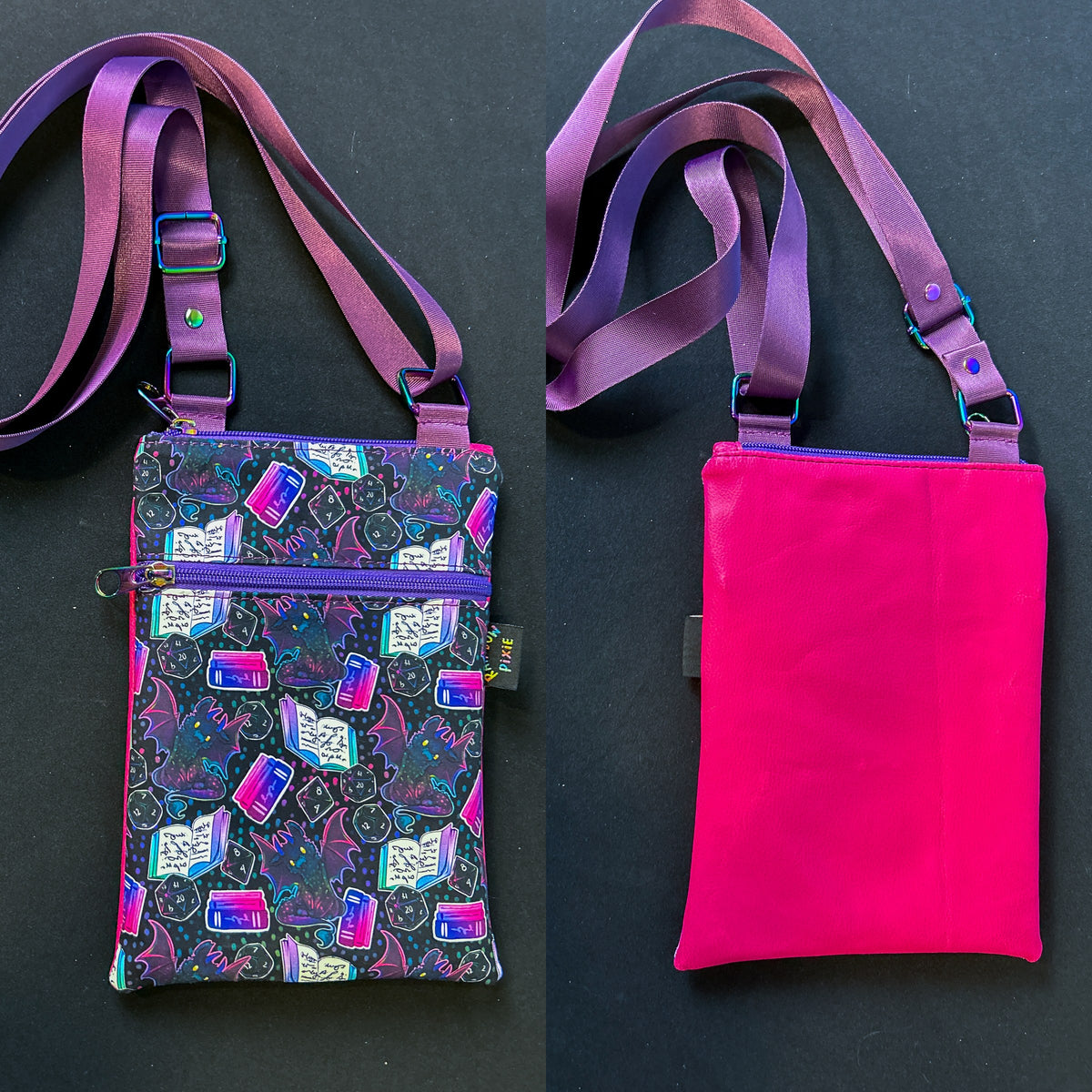 Dragons and Books Small Crossbody Bag — Pink Back