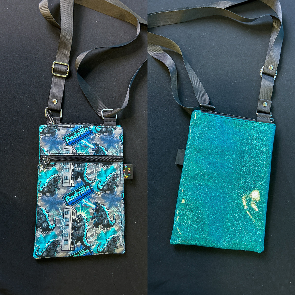 Godzilla Small Crossbody Bag — Blue Glitter Back – B