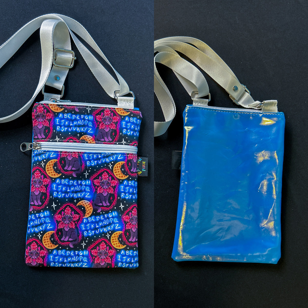 Stranger Things Cats Small Crossbody Bag — Blue Holographic Back