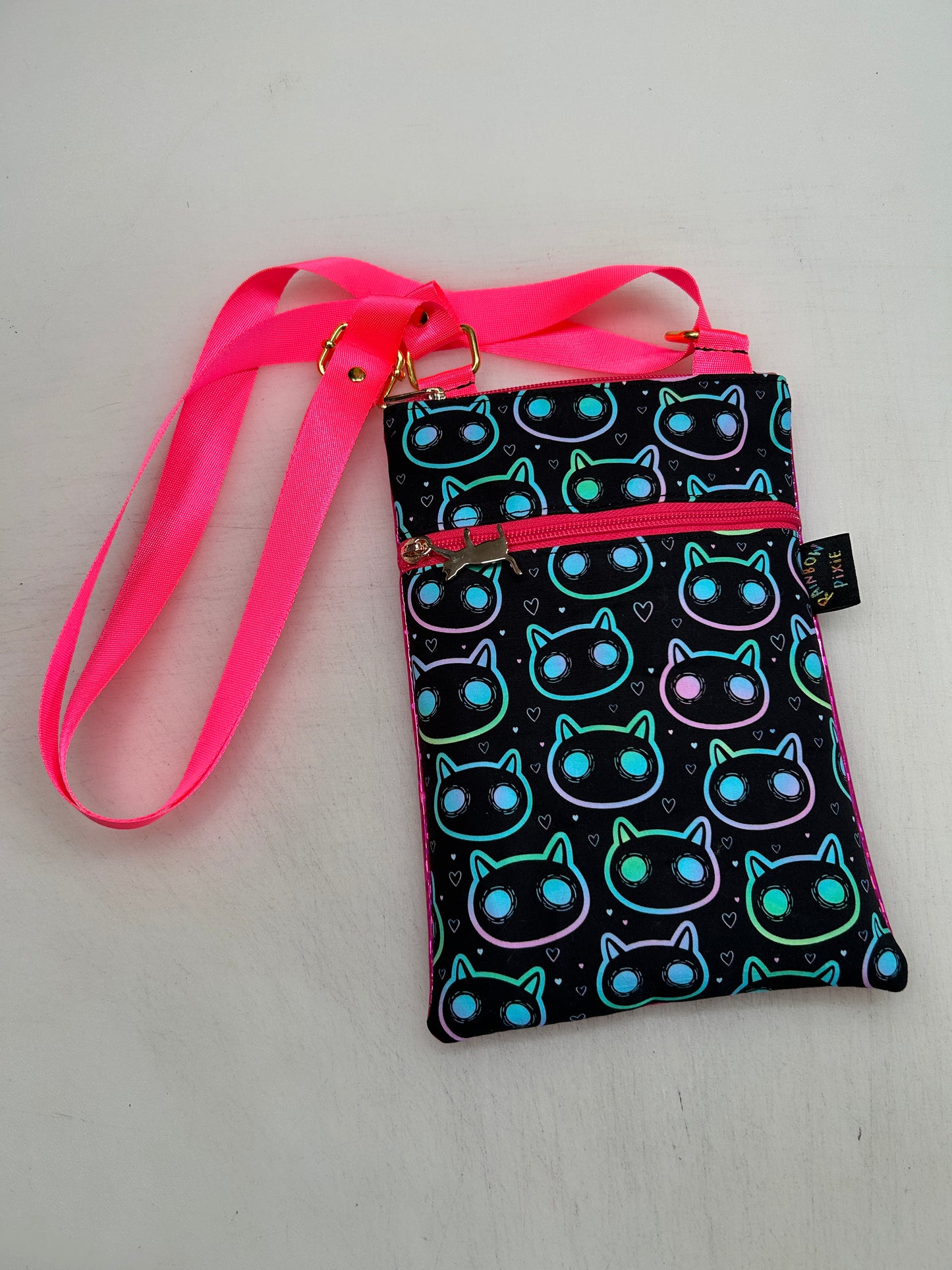 Neon cat themed small crossbody bag
