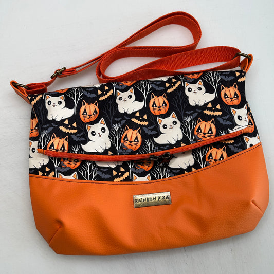 Ghost and Pumpkin cats Themed foldover crossbody bag with orange bottom