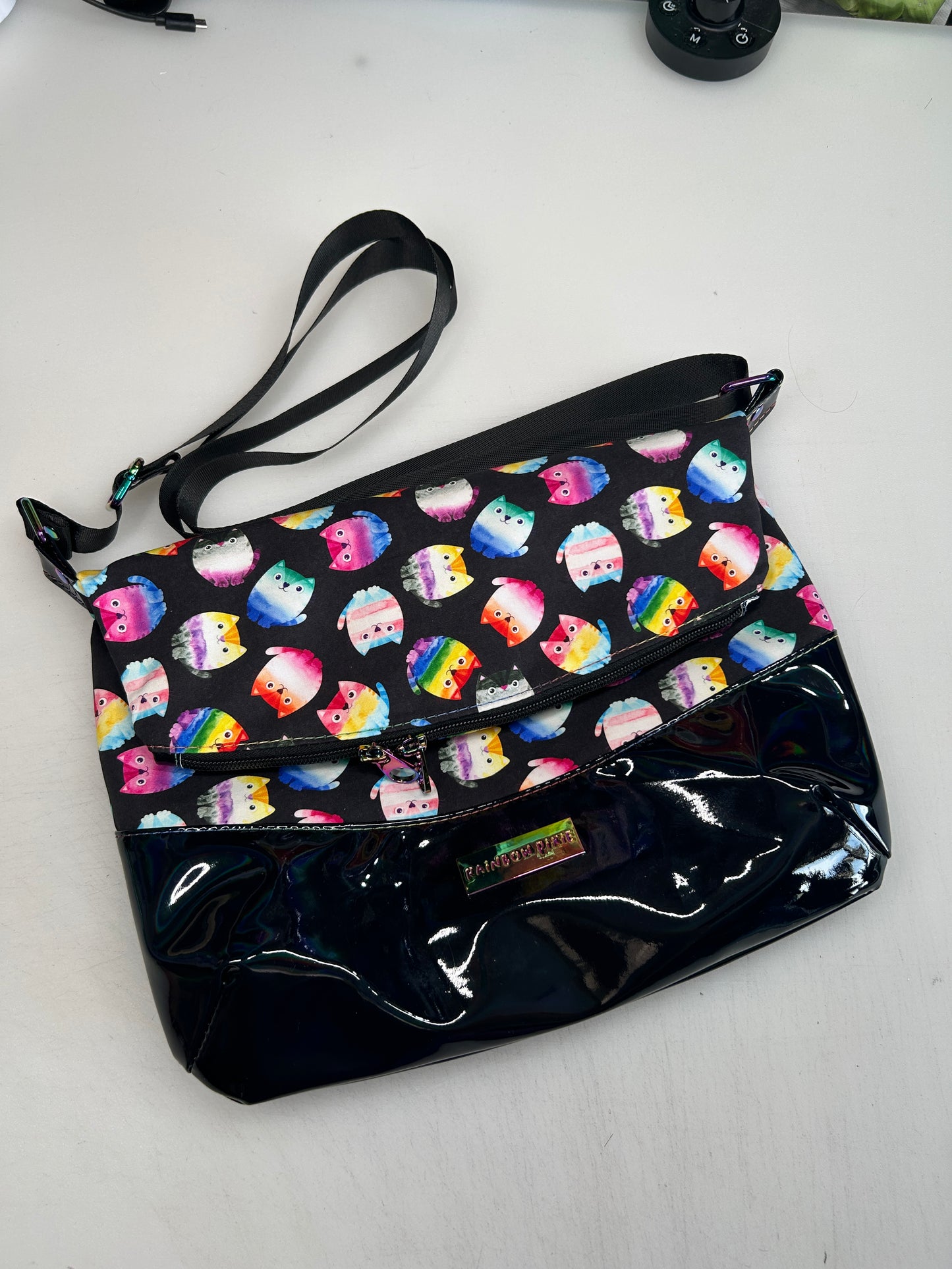 Pride Cat Themed foldover crossbody bag with black holographic bottom