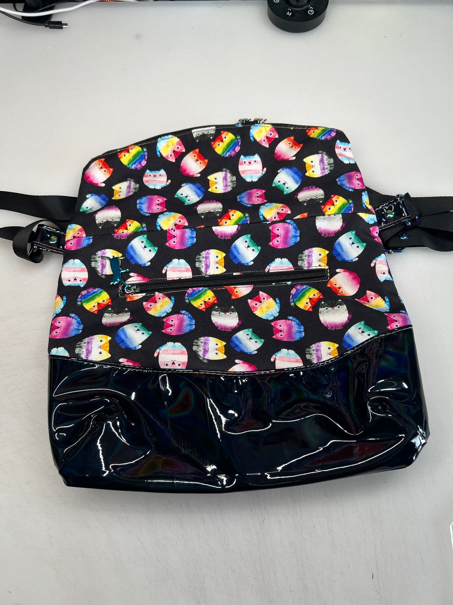 Pride Cat Themed foldover crossbody bag with black holographic bottom
