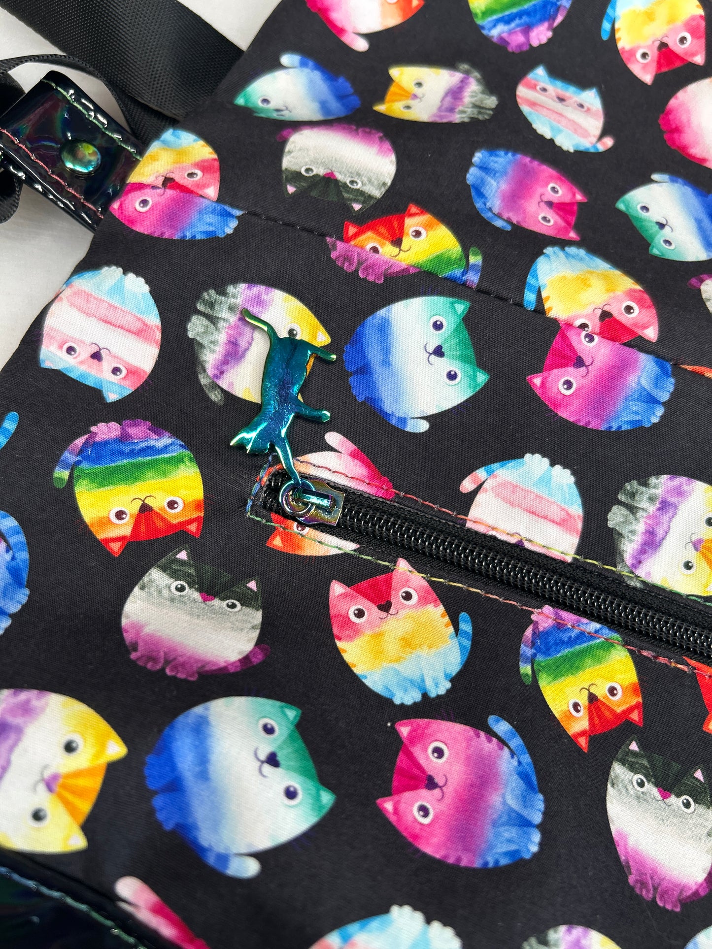 Pride Cat Themed foldover crossbody bag with black holographic bottom