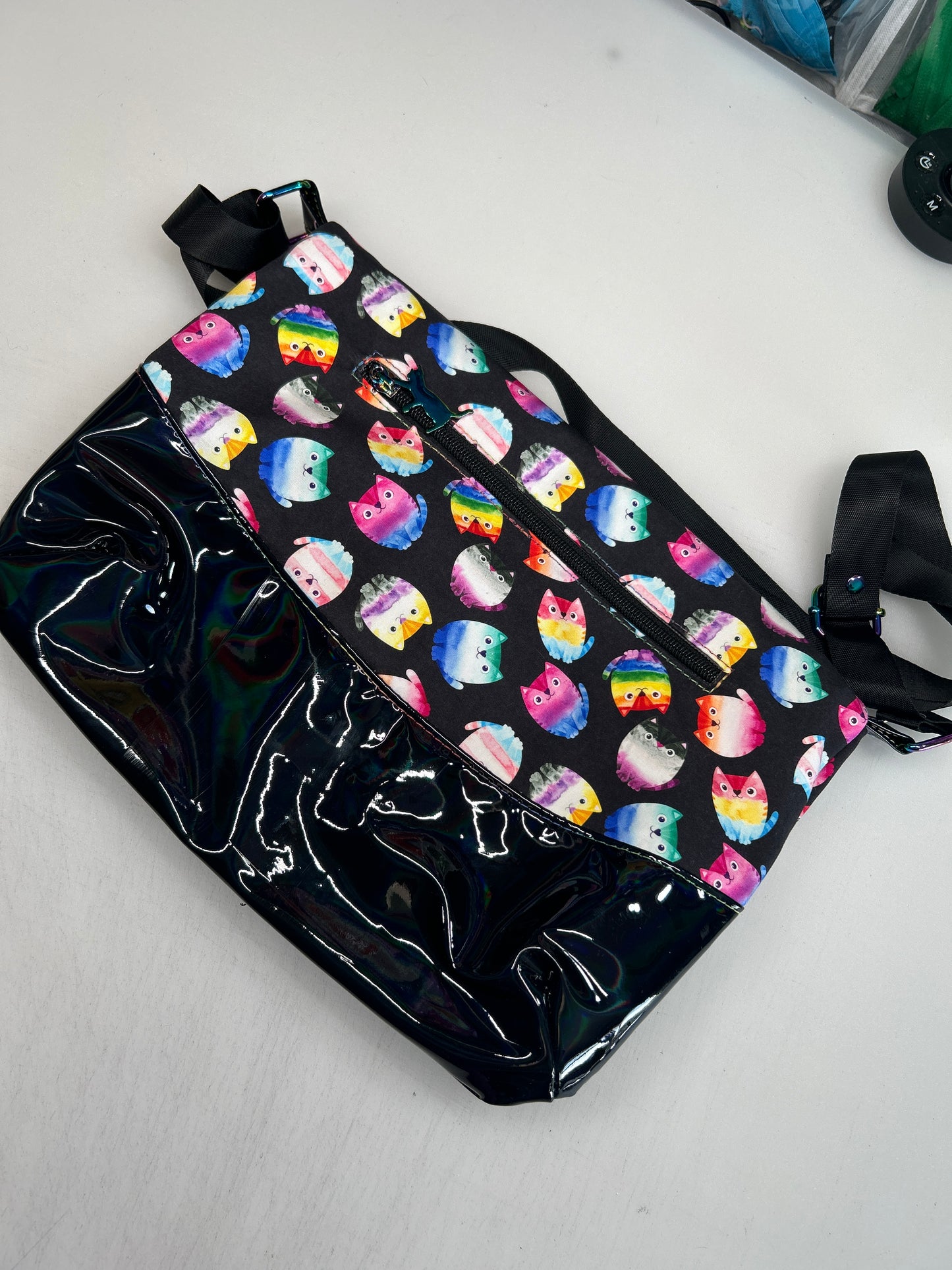 Pride Cat Themed foldover crossbody bag with black holographic bottom
